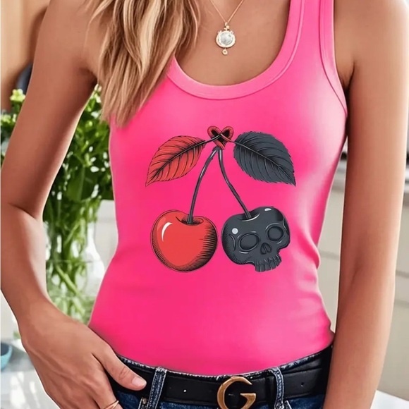 ❤️❤️bundle ❤️❤️Cherry Skull Graphic Pink Tank Top - Picture 1 of 3